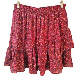 BCBG Paris‎ Floral Ruffle Mini Skirt Burgundy Pink Orange Large Flirty Flounce